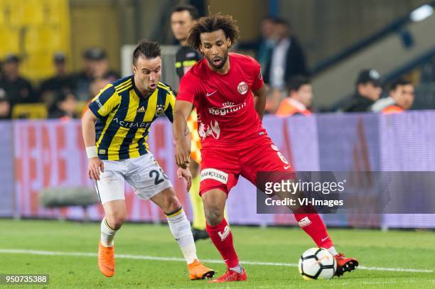 Mathieu Valbuena of Fenerbahce SK, Nazim Sangare of Antalyaspor AS during the Turkish Spor Toto Super Lig match Fenerbahce AS and Antalyaspor AS at...