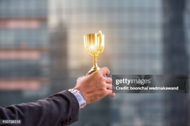 businessman celebrating with trophy - employee award stock pictures, royalty-free photos & images