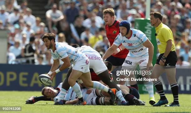 Maxime Machenaud of Racing 92 passes the ball during the European Rugby Champions Cup Semi-Final match between Racing 92 and Munster Rugby at Stade...