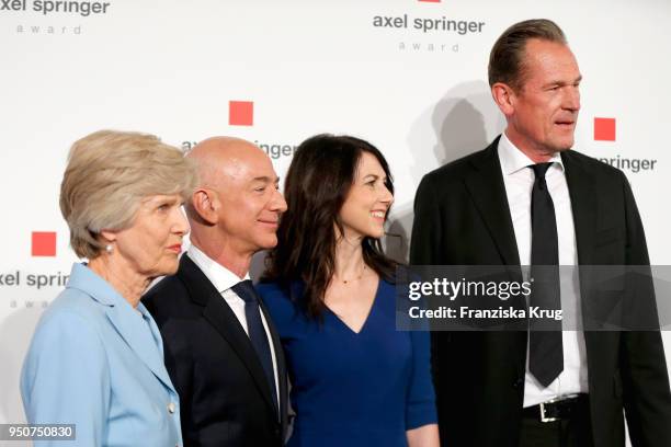 Friede Springer, Jeff Bezos, his wife MacKenzie Bezos and Mathias Doepfner attend the Axel Springer Award 2018 on April 24, 2018 in Berlin, Germany....