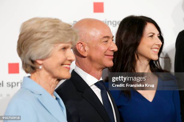 Friede Springer, Jeff Bezos and his wife MacKenzie Bezos attend the Axel Springer Award 2018 on April 24, 2018 in Berlin, Germany. Under the motto...