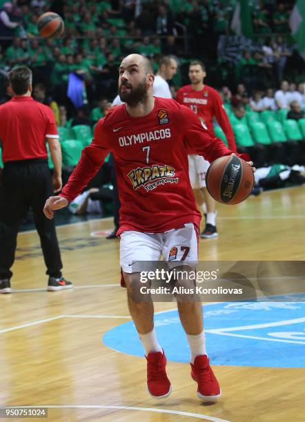 Vassilis Spanoulis, #7 of Olympiacos Piraeus in action during the Turkish Airlines Euroleague Play Offs Game 3 between Zalgiris Kaunas v Olympiacos...