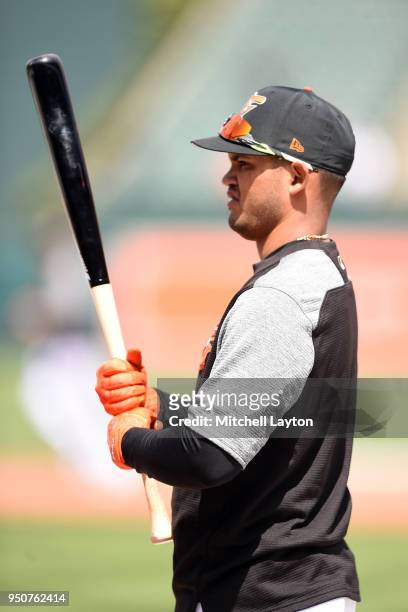 Luis Sardinas of the Baltimore Orioles looks on during batting practice of a baseball game against the Cleveland Indians at Oriole Park at Camden...