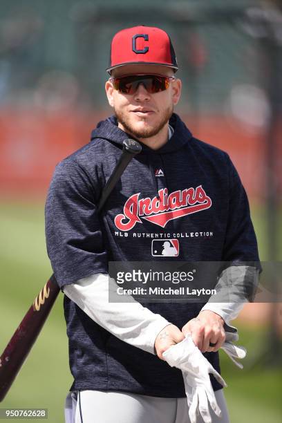 Roberto Perez of the Cleveland Indians looks on during batting practice of a baseball game against the Baltimore Orioles at Oriole Park at Camden...