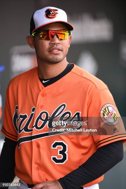 Luis Sardinas of the Baltimore Orioles looks on before a baseball game against the Cleveland Indians at Oriole Park at Camden Yards on April 21, 2018...