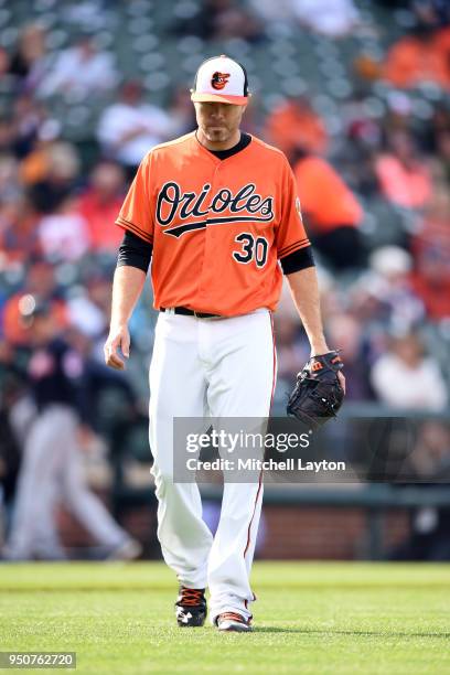 Chris Tillman of the Baltimore Orioles walks back to the dug out during a baseball game against the Cleveland Indians at Oriole Park at Camden Yards...