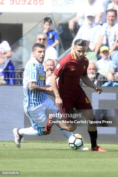 Konstantinos Manolas of AS Roma in action during the serie A match between Spal and AS Roma at Stadio Paolo Mazza on April 21, 2018 in Ferrara, Italy.