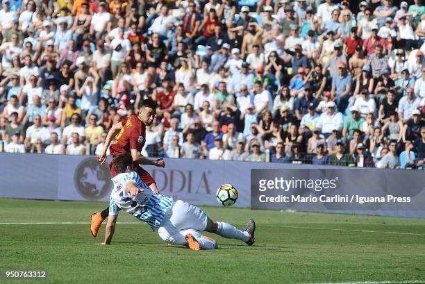 Stephan El Shaarawi of AS Roma kicks towards the goal during the serie A match between Spal and AS Roma at Stadio Paolo Mazza on April 21, 2018 in...