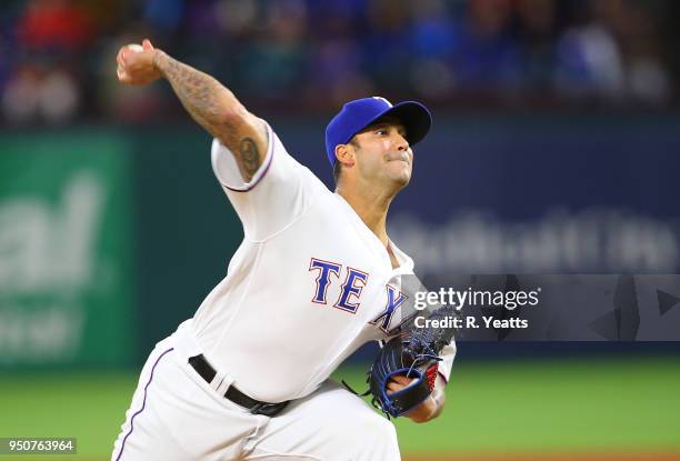 Matt Bush of the Texas Rangers throws in the sixth inning against the Seattle Mariners at Globe Life Park in Arlington on April 21, 2018 in...