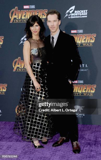 Actor Benedict Cumberbatch and wife Sophie Hunter arrive for the Premiere Of Disney And Marvel's "Avengers: Infinity War" held on April 23, 2018 in...