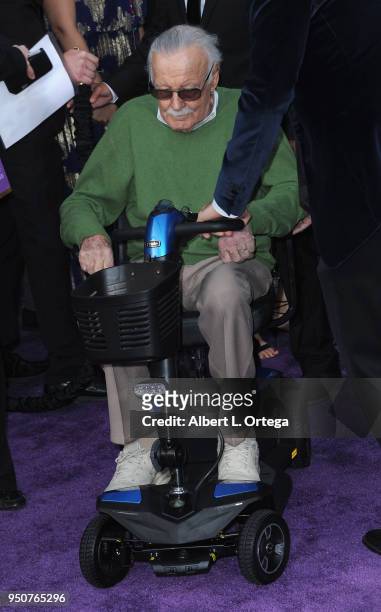 Comic book creator Stan Lee arrives for the Premiere Of Disney And Marvel's "Avengers: Infinity War" held on April 23, 2018 in Los Angeles,...
