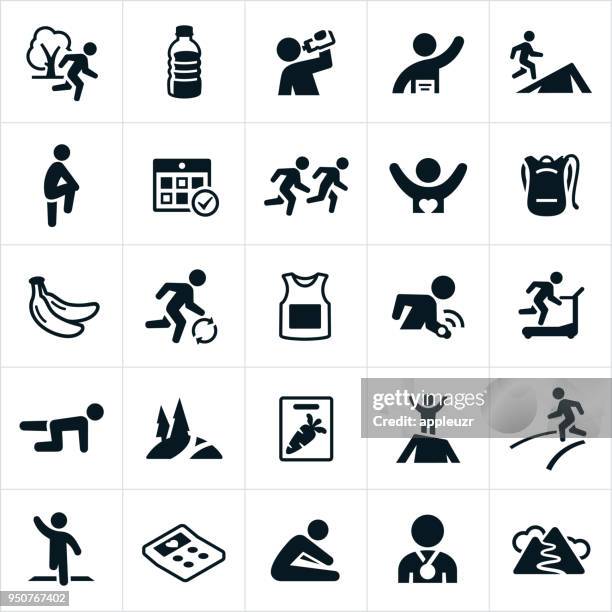trail und straßenlauf icons - langstreckenlauf stock-grafiken, -clipart, -cartoons und -symbole