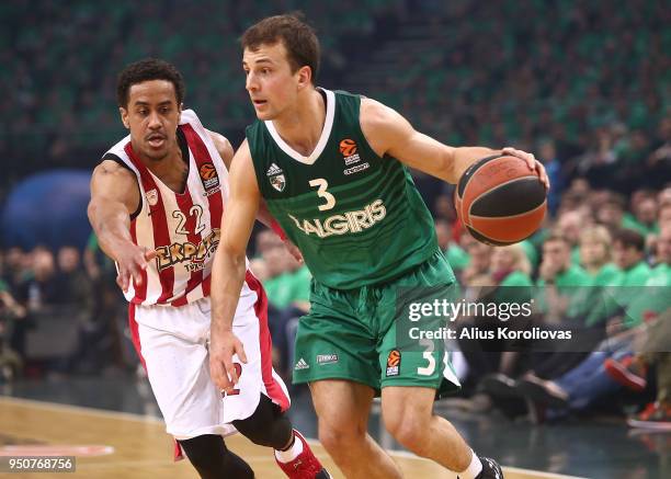 Kevin Pangos, #3 of Zalgiris Kaunas competes with Brian Roberts, #22 of Olympiacos Piraeus in action during the Turkish Airlines Euroleague Play Offs...