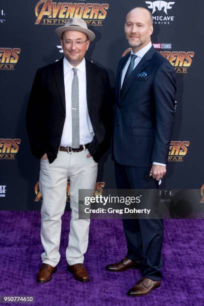 Screenwriters Christopher Markus and Stephen McFeely attend the "Avengers: Infinity War" World Premiere on April 23, 2018 in Los Angeles, California.