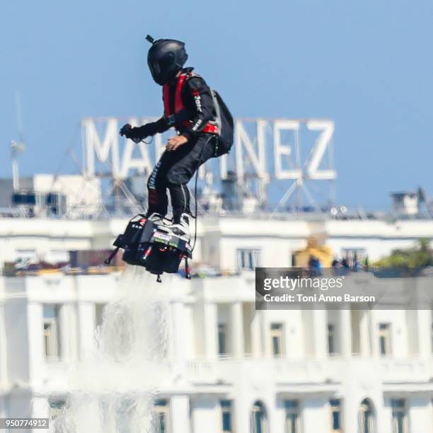 Inventor and pilot Franky Zapata flying the flyboard during the Red Bull Air Race on April 22, 2018 in Cannes, France.