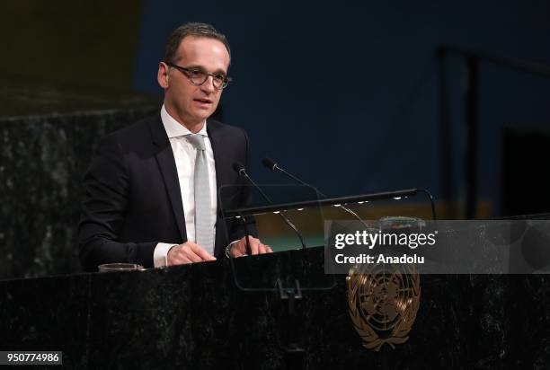 German Foreign Minister Heiko Maas, speaks during a high level meeting on 'Peacebuilding and Sustaining Peace' at United Nations General Assembly in...