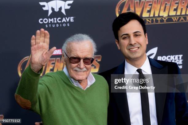 Stan Lee and Keya Morgan attend the "Avengers: Infinity War" World Premiere on April 23, 2018 in Los Angeles, California.