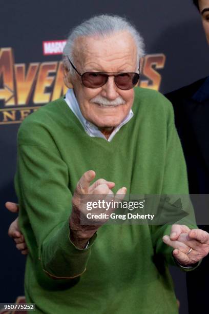 Stan Lee and Keya Morgan attend the "Avengers: Infinity War" World Premiere on April 23, 2018 in Los Angeles, California.