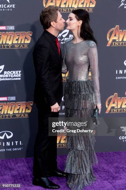 Chris Hardwick and wife Lydia Hearst attend the "Avengers: Infinity War" World Premiere on April 23, 2018 in Los Angeles, California.