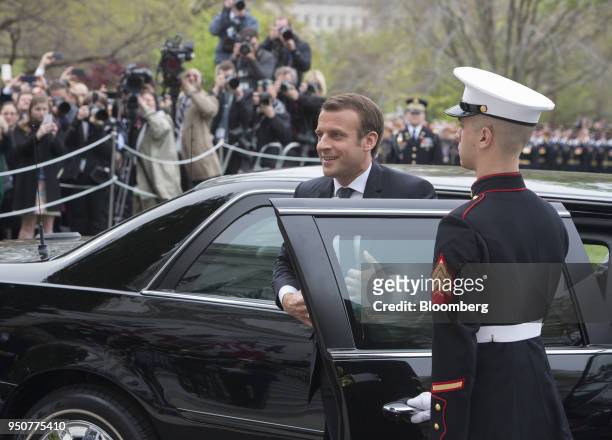 Emmanuel Macron, France's president, arrives during a state visit with U.S. President Donald Trump, not pictured, on the South Lawn of the White...