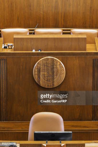 oregon state capitol wood seal by senate president’s desk - salem oregon capital stock pictures, royalty-free photos & images