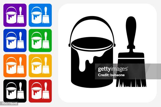 paint bucket and brush icon square button set - paint pot stock illustrations