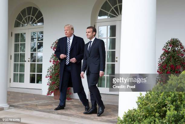President Donald Trump speaks to the media with President Emmanuel Macron of France before holding a meeting during a state visit to The White House...