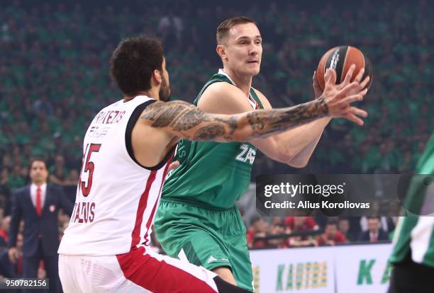 Paulius Jankunas, #13 of Zalgiris Kaunas in action during the Turkish Airlines Euroleague Play Offs Game 3 between Zalgiris Kaunas v Olympiacos...