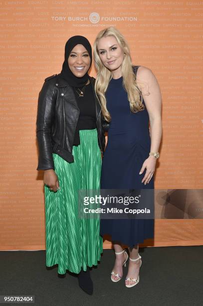 Olympic Medalist Ibtihaj Muhammad and U.S. Olympic Medalist Lindsey Vonn attend The Tory Burch Foundation 2018 Embrace Ambition Summit at Alice Tully...