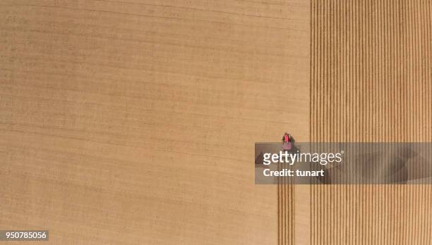 aerial view of plowing fields - agricultural field stock pictures, royalty-free photos & images