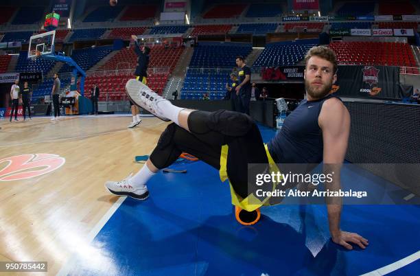 Nicolo Melli, #4 of Fenerbahce Dogus Istanbul warms up prior to the Turkish Airlines Euroleague Play Offs Game 3 between Kirolbet Baskonia Vitoria...