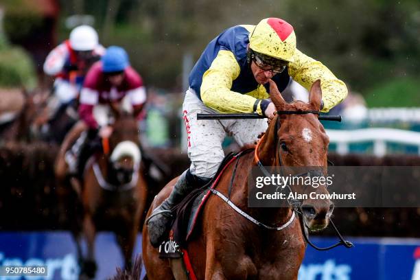 Davy Russell riding The Storyteller clear the last to win The Growise Champion Novice Steeplechase at Punchestown racecourse on April 24, 2018 in...