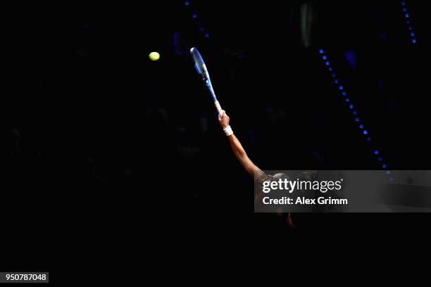 Julia Goerges of Germany serves the ball to Marketa Vondrousova of Czech Republic during day 2 of the Porsche Tennis Grand Prix at Porsche-Arena on...