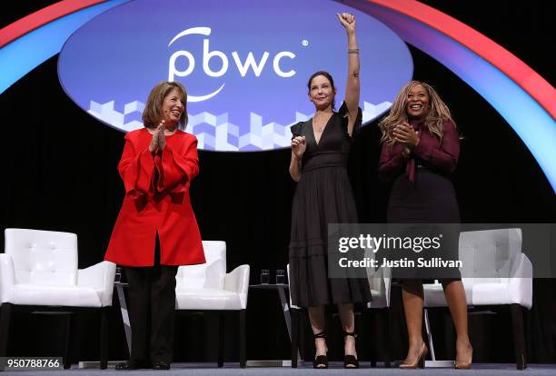 Rep. Jackie Speier , Actress and activist Ashley Judd and Co-Founder of We Said Enough Adama Iwu greet the crowd during the 29th annual Conference of...