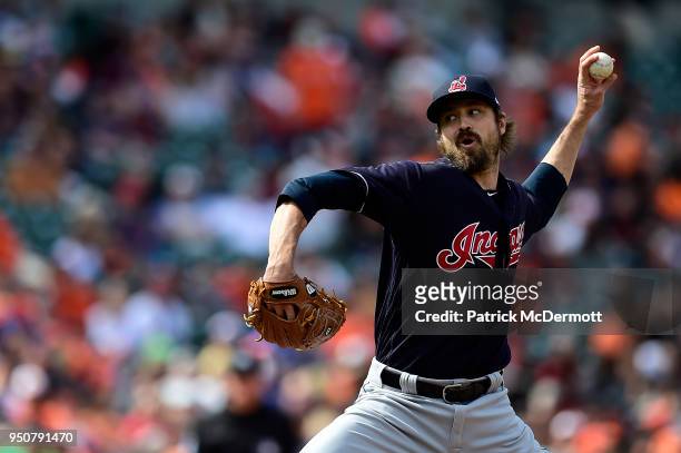 Andrew Miller of the Cleveland Indians pitches in the eighth inning against the Baltimore Orioles at Oriole Park at Camden Yards on April 22, 2018 in...