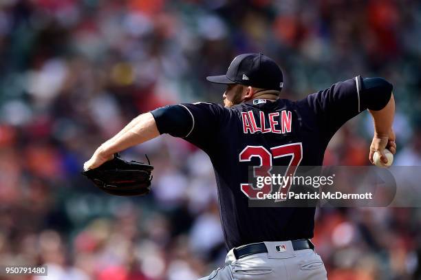 Cody Allen of the Cleveland Indians pitches in the ninth inning against the Baltimore Orioles at Oriole Park at Camden Yards on April 22, 2018 in...