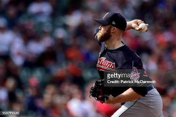 Cody Allen of the Cleveland Indians pitches in the ninth inning against the Baltimore Orioles at Oriole Park at Camden Yards on April 22, 2018 in...