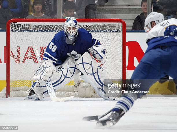 Jonas Gustavsson of the Toronto Maple Leafs gets set to face a shot in a game against the Buffalo Sabres on December 21, 2009 at the Air Canada...
