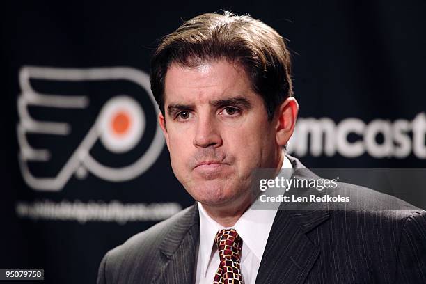 Head Coach Peter Laviolette of the Philadelphia Flyers talks with members of the media after a 4-1 loss to the Florida Panthers on December 21, 2009...