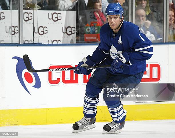 Mike Komisarek of the Toronto Maple Leafs skates in a game against the Buffalo Sabres on December 21, 2009 at the Air Canada Centre in Toronto,...