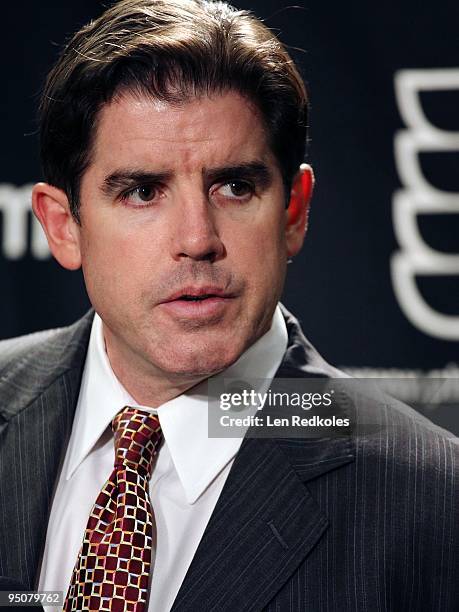 Head Coach Peter Laviolette of the Philadelphia Flyers talks with members of the media after a 4-1 loss to the Florida Panthers on December 21, 2009...