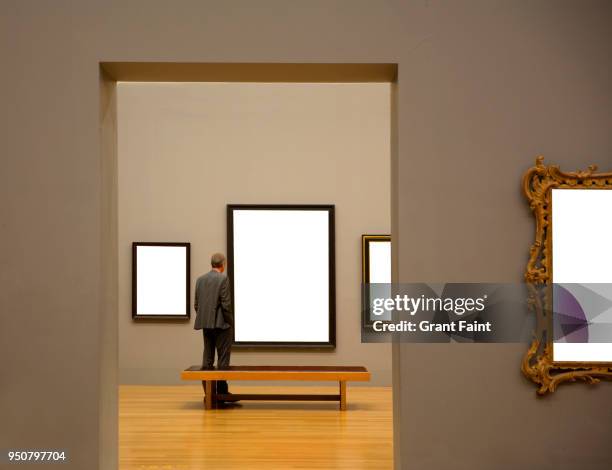 man in art gallery looking at paintings - exhibir stock-fotos und bilder