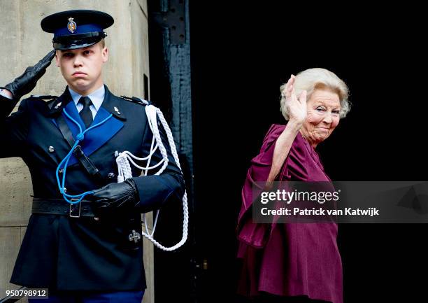 Princess Beatrix of The Netherlands arrives at the Royal Palace Amsterdam for the Gala dinner for the Corps diplomatique on April 24, 2018 in...