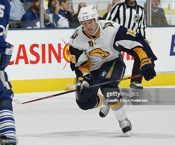 Tim Connolly of the Buffalo Sabres skates in a game against the Toronto Maple Leafs on December 21, 2009 at the Air Canada Centre in Toronto,...