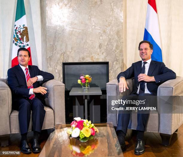 Mexican President Enrique Pena Nieto meets with Dutch Prime Minister Mark Rutte during a working dinner with the the Dutch minister of...