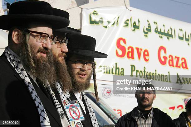 Members of the Neturei Karta international Orthodox Jewish group, participating in the international aid convoy "Lifeline-3 for Gaza", attend a rally...