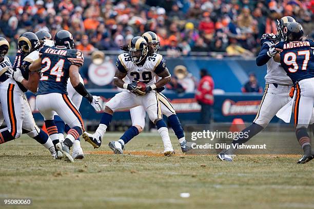 Steven Jackson of the St. Louis Rams rushes against the Chicago Bears at Soldier Field on December 6, 2009 in Chicago, Illinois. The Bears beat the...