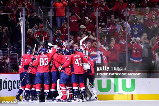 Nicklas Backstrom of the Washington Capitals celebrates after scoring the game-winning goal in overtime against the Columbus Blue Jackets in Game...