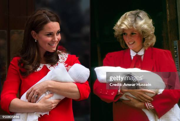 In this photo composite a comparison has been made between Catherine, Duchess of Cambridge carrying her newborn son and Diana, Princess of Wales...