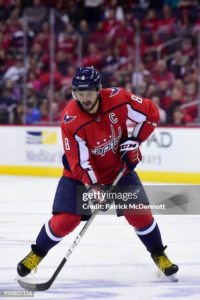 Alex Ovechkin of the Washington Capitals skates with the puck in the first period against the Columbus Blue Jackets in Game Five of the Eastern...